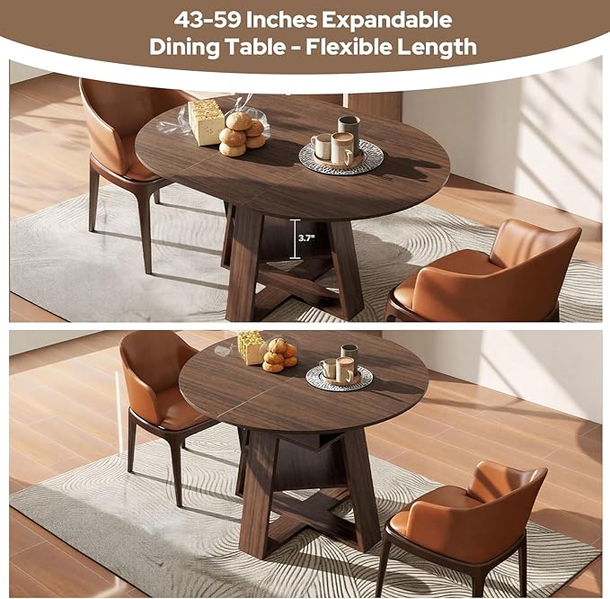 Zevemomo 43"-59" Extendable Dining Room Table for 4-6(Table only), Expandable Round Dining Table, Oval Tabletop with Cross-Shaped Base for Office, Living Room-Dark Brown