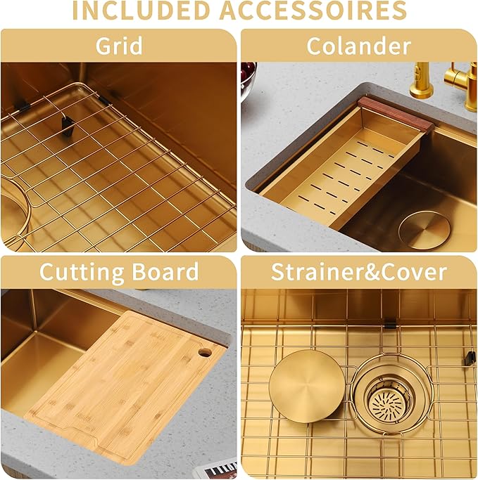 30 Inch Undermount Gold Kitchen Sink,16 Gauge Stainless Steel Kitchen Sink Single Bowl, 30"x19"x9" Ledge Workstation Sinks With All Accessories, Multi-Functional Workstation Sinks