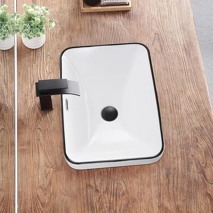 Bathroom Vessel Sink 20.6'' x 14.7'' Semi Recessed Bathroom Sink Rectangular Drop In Sink with Overflow White with Black Trim Ceramic Modern Vessel Sinks for Bathroom