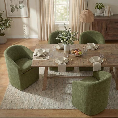 KISLOT Upholstered Dining Chairs with Casters, Washable Cover Modern Dining Room Chairs with Barrel Backrest & Dual Armrest for Kitchen, Living Room, Bedroom, Green Fabric, 2PCS