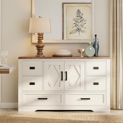 WAMPAT 54" W Large Sideboard Buffet Cabinet with Storage,Wood Farmhouse Sideboard Table with Barn Doors and Drawers for Kitchen,Dining Room,Coffee Bar,Antique White
