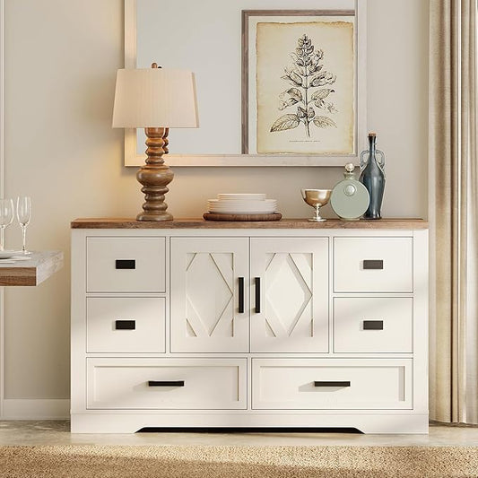 WAMPAT 54" W Large Sideboard Buffet Cabinet with Storage,Wood Farmhouse Sideboard Table with Barn Doors and Drawers for Kitchen,Dining Room,Coffee Bar,Antique White
