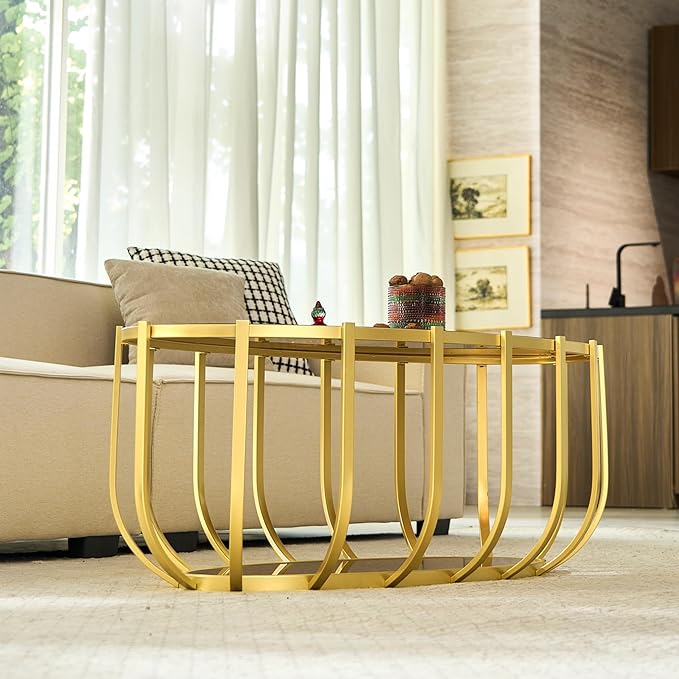 Saint Mossi Glass Oavl Coffee Table for Living Room, Mid Century Modern 2-Tier Glass Drum Center Table, Brown Glass Top with Gold Finish Legs & Frame, L42.5xW23xH16.5