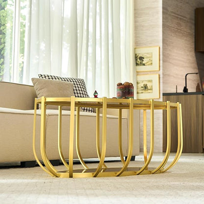 Saint Mossi Glass Oavl Coffee Table for Living Room, Mid Century Modern 2-Tier Glass Drum Center Table, Brown Glass Top with Gold Finish Legs & Frame, L42.5xW23xH16.5