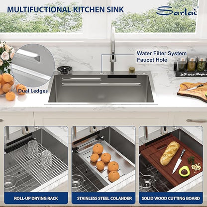 Sarlai 28 Inch Waterfall Kitchen Sink Drop In - 28x22 Waterfall Drop Workstation Stainless Steel 16 Gauge Multifunction Single Bowl Smart Top Mount Kitchen Sink with Faucet Combo