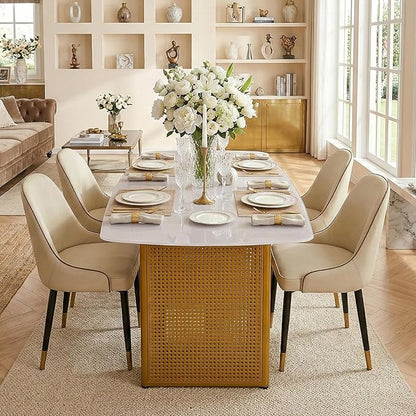 Contemporary Gold Dining Table with Marble Look Glass Top, Unique Rectangular Design, Dual Base Metal Frame, Stable & Stylish 6-8 Person Kitchen Table, Perfect for Modern Dining Room or Office Space