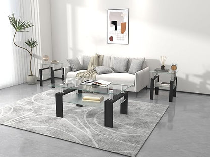 IANIYA 3 Piece Living Room Table Set, Modern Tempered Glass Coffee Table Set, Glass Coffee Table Black Metal Frame End Table for Living Room Apartment Small Space, Clear