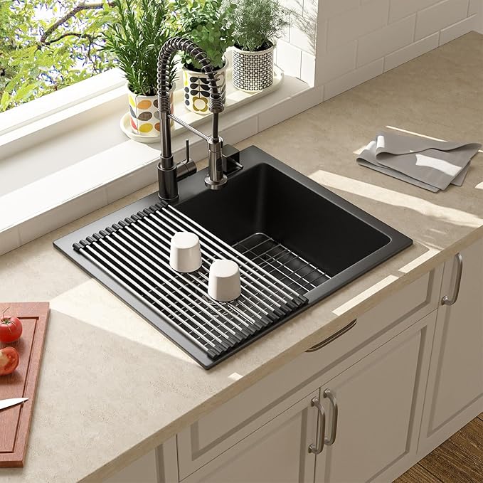 Lordear 25 Inch Black Drop In Kitchen Sink Granite Composite 25x22 Inch Quartz Black Deep Single Bowl Topmount Granite Kitchen Sinks