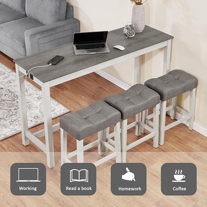 4-Piece Wooden Counter-Table Set with Power Outlet, Industrial Kitchen Dining Tables with 3 Upholstered Stools, 59 Inch Farmhouse Bar Table Chairs w/USB and Type-C Ports, White