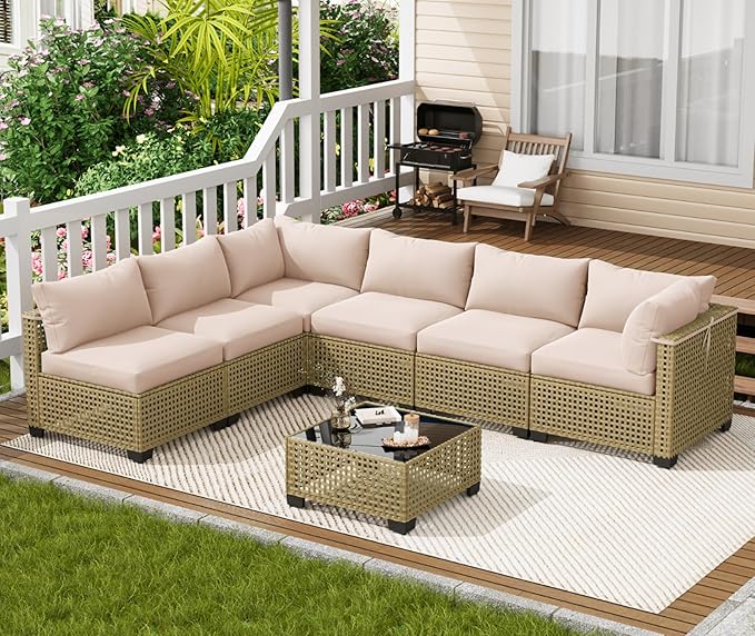 LOUVIXA 7 Piece Outdoor Patio Furniture Set, Outdoor Sectional Sofa, Wicker Rattan Patio Furniture, Patio Conversation Set with Coffee Table & Cushions