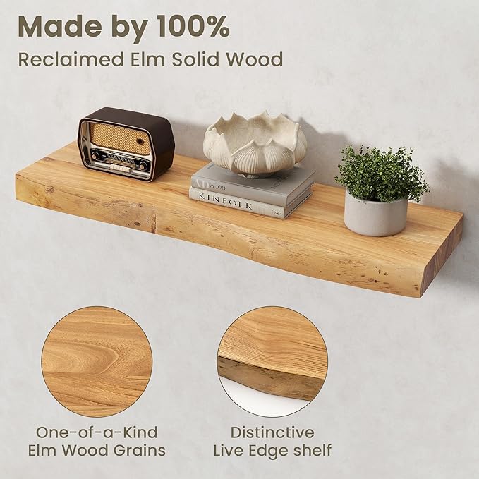 Fun Memories Floating Shelves for Wall Decor Set of 2-30 Inch Solid Elm Wood Live Edge - Rustic Natural Wall Shelves with Invisible Brackets - for Living Room, Bedroom, Kitchen - Natural Finish