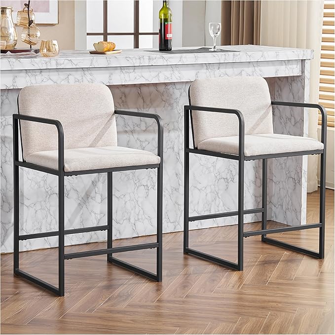 Bar Stools Set of 2, Counter Height with Armrests - Beige Modern Kitchen Island Chairs