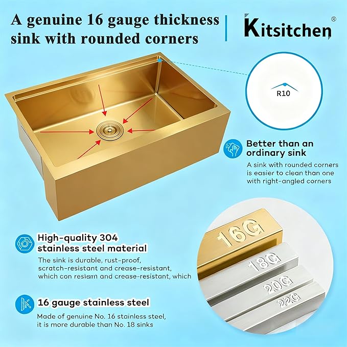 Kitsitchen 33 Inch Gold Farmhouse Sink,16 Gauge Single Bowl Workstation Stainless Steel Rustic Farmhouse Kitchen Sink,Large Apron Front Undermount Farm Kitchen Sinks with Accessories(33"x20"x10")