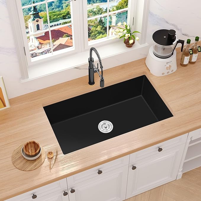 Rhbamoa 30 inch Black Granite Composite Kitchen Sink,Matte Black Undermount Kitchen Sink 30''x18'',9 inch Deep Single Bowl Composite Sinks,Large Quartz Sinks with Accessories