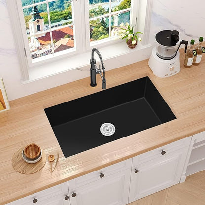 Rhbamoa 30 inch Black Granite Composite Kitchen Sink,Matte Black Undermount Kitchen Sink 30''x18'',9 inch Deep Single Bowl Composite Sinks,Large Quartz Sinks with Accessories
