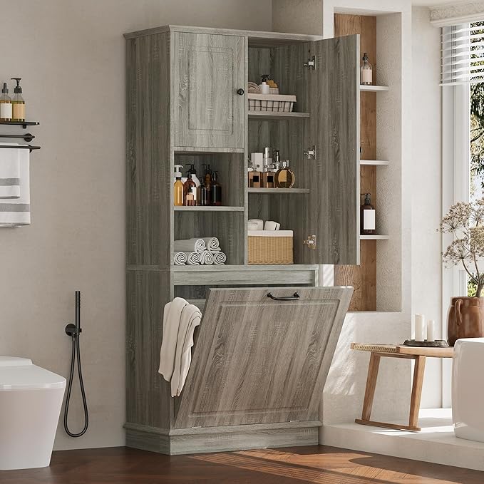 68" Tall Bathroom Storage Cabinet with Two Doors and Laundry Hamper for Home Display Organizer, Adjustable Shelf, Oak