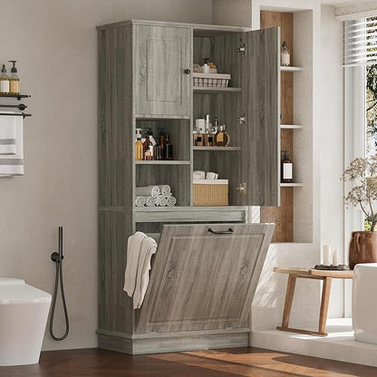 68" Tall Bathroom Storage Cabinet with Two Doors and Laundry Hamper for Home Display Organizer, Adjustable Shelf, Oak