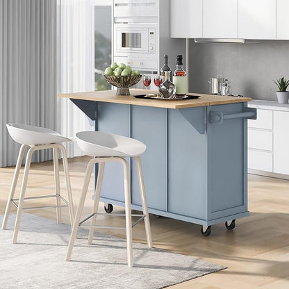 Ball & Cast Kitchen Island Cart with Drop Leaf & Wine Rack,Portable Rolling Kitchen Cart W/Power Outlet 2 Drawers & 5 Wheels,Adjustable Storage for Home Kitchen and Dining Room,Grey Blue