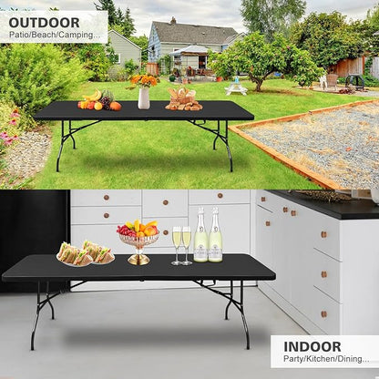 Portable 8Ft Plastic Folding Table, Heavy Duty 8ft Fold-in-Half Table with Carrying Handle, 8' Folding Utility Foldable Table for Picnic Party Camping Kitchen, Indoor/Outdoor (Black)
