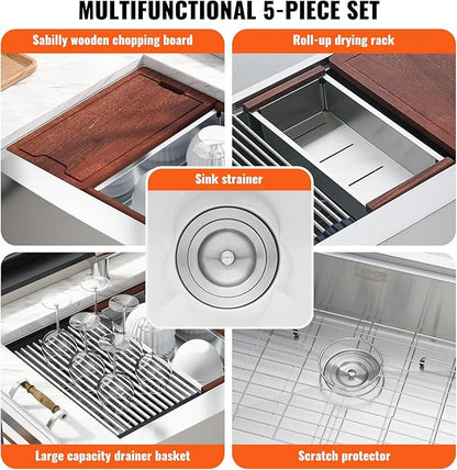VEVOR Farmhouse Kitchen Sink, 304 Stainless Steel Drop-In Sinks, Top Mount Single Bowl Basin with Ledge & Accessories, Household Dishwasher Sinks for Workstation, Prep Kitchen, and Bar Sink, 30 inch