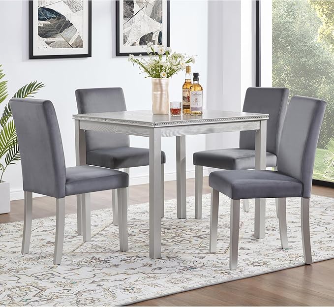 5 Piece Dining Table Set for 4, Square Wooden Kitchen Table with 4 Upholstered Chairs, Elegant Silver Grey Dining Room Set with Crystal Decoration