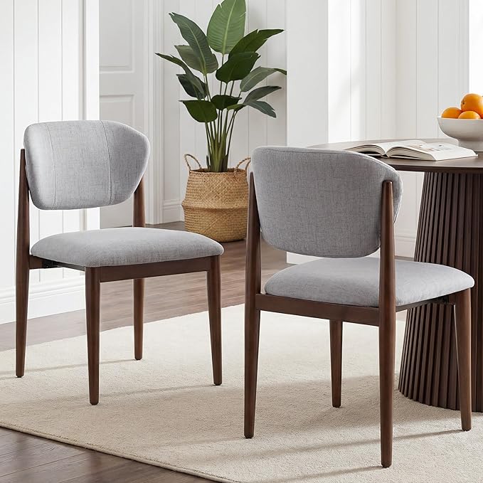 Casaphoria Dining Chairs Set of 2, Solid Walnut Wood Legs Upholstered Kitchen Chairs, Mid Century Modern Ergonomic Curved Back Accent Chair for Dining Room, Home Office and Vanity, Gray
