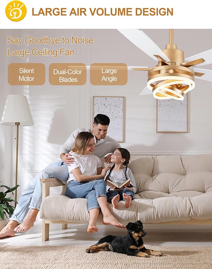 Dawn Whisper 52" White Ceiling Fan with Light Modern Chandelier Fan DC Motor Dimmable LED Ceiling Fan with Light for Bedroom Living Room