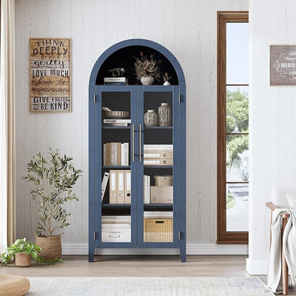 GarveeHome Arched Kitchen Pantry Cabinet - Farmhouse 5 Tier Display Shelf with Adjustable Shelf and 2 Large Glass Doors, Versatile Storage Cupboard for Kitchen, Dining Room, Living Room, Night Blue