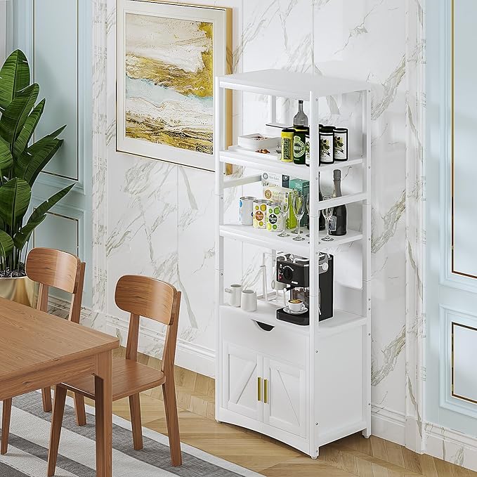 VECELO 3-Tier Microwave Stand Bakers Rack Cabinet, Fits 1.0 Cu.Ft. Oven, Farmhouse Storage with Charging Station, Coffee Bar Shelves & Drawer, Freestanding Cupboard, White