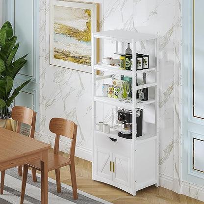 VECELO 3-Tier Microwave Stand with Power Outlet & USB Ports, 15.5" Deep Kitchen Pantry Cabinet, Fits 1.0 Cu.Ft Microwave, Modern Farmhouse Coffee Bar Storage with Drawer & Barn Door for Kitchen, White