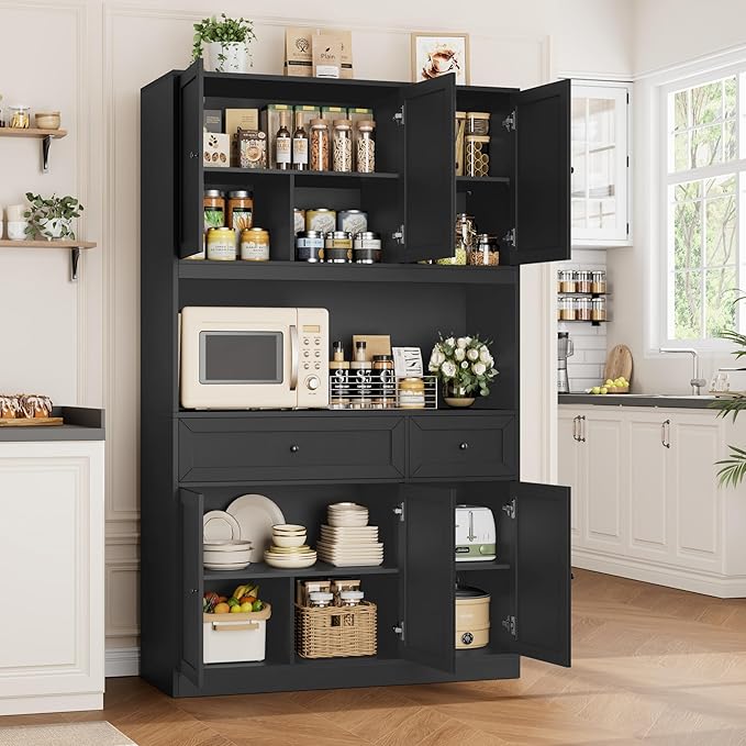 BOTLOG 72" Kitchen Pantry Cabinet, Kitchen Hutch with Microwave Stand, Buffet Cabinet with Hutch for Dining Room, Black