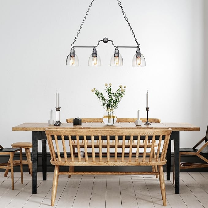 LOG BARN Large 32” Brushed Antique Silver Chandelier, Industrial Kitchen Island Pendant Lighting Fixture with Seeded Glass Shades for Dining Room, Bedroom, Foyer and Living Room