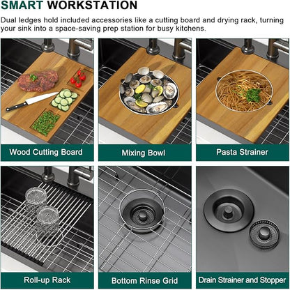 33 Inch Gunmetal Black Drop In Stainless Steel Kitchen Sink, Single Bowl 16 Gauge Workstation Large Sink with Mixing Bowl and Pasta Strainer #TLT-0057