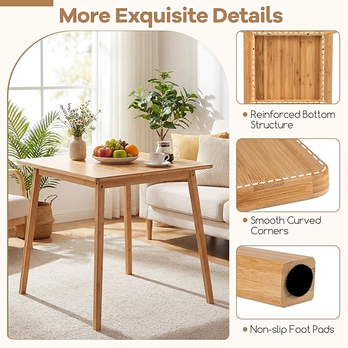 Giantex 27.5-Inches Bamboo Dining Table for 2-4, Square Dinner Tables with Non-Slip Foot Pads, Farmhouse Small Kitchen Table for Dining Room, Living Room, Dinette, Apartment (Square)