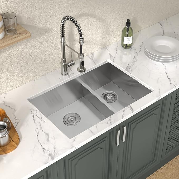 Lordear 28 Undermount Sink Double Bowl Kitchen Sink 28X19 Inch Undermount Low Divide Double Bowl 60/40 16 Gauge Stainless Steel Kitchen Sinks