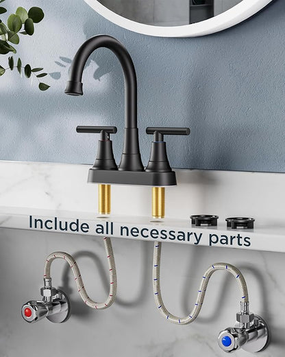 FORIOUS Matte Black Bathroom Faucets, 4 Inch Centerset Bathroom Sink Faucet 2 or 3 Hole with Pop up Drain and cUPC Hose, Two Handles Control, 360° spout for Restroom,Vanity, RV, 2 Pack