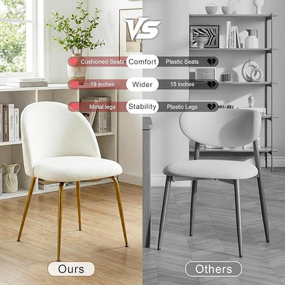 Casaphoria Dining Chairs Set of 2, Modern White and Gold Upholstered Accent Chairs with Metal Legs, Ergonomic Comfy Vanity Chair for Kitchen, Living Room, and Bedroom