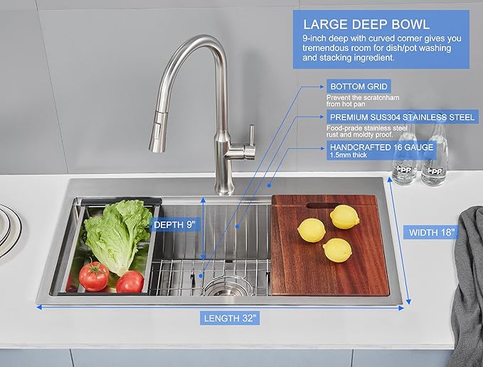 32-inch Workstation Sink Drop in, Single Faucet Hole Single Bowl Kitchen Sink 18 Gauge Stainless Steel Handmade Sink with Integrated Ledge,32"x18"x9"