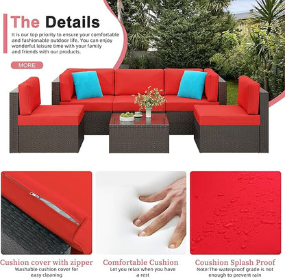 Shintenchi 6 Pieces Patio Furniture Sets Outdoor All-Weather Sectional Patio Sofa Set PE Rattan Manual Weaving Wicker Patio Conversation Set with Glass Table&Ottoman Cushion and Red Pillows, Red