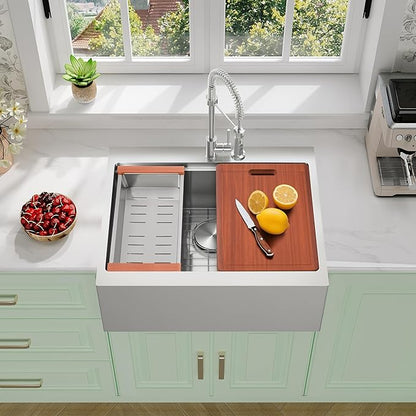 Rhbamoa 28 Inch Stainless Steel Farmhouse Sink,16-Gauge T304 Stainless Steel Small Farmhouse Sinks,10 Inch Deep Single Bowl Apron Front Farm Sink with All Accessories