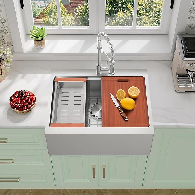 Rhbamoa 26 Inch Stainless Steel Farmhouse Sink,16-Gauge T304 Stainless Steel Drop in Kitchen Sinks,Small Single Bowl Apron Front Farm Sink,10 Inch Depth Topmount Workstation Sinks with All Accessories
