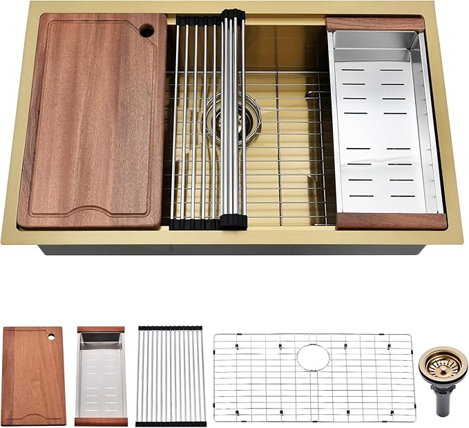 28 Inch Undermount Kitchen Sink Gold - 16 Gauge Gold Satainless Steel Kitchen Sink Undermount 28x18,10 Inch Deep Single Bowl Workstation Sinks with Accessories