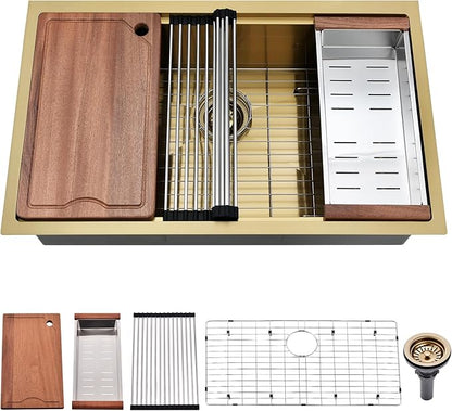 28 Inch Undermount Kitchen Sink Gold - 16 Gauge Gold Satainless Steel Kitchen Sink Undermount 28x18,10 Inch Deep Single Bowl Workstation Sinks with Accessories