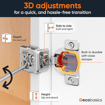 Decobasics 80 Pack Soft Close Cabinet Hinges 1-1/4" Overlay for Kitchen Cabinet Doors, Slow Self-Closing Concealed Hidden Hinges for Face Frame –Stainless Steel, 3-Way Adjustable & Quiet Close Damper