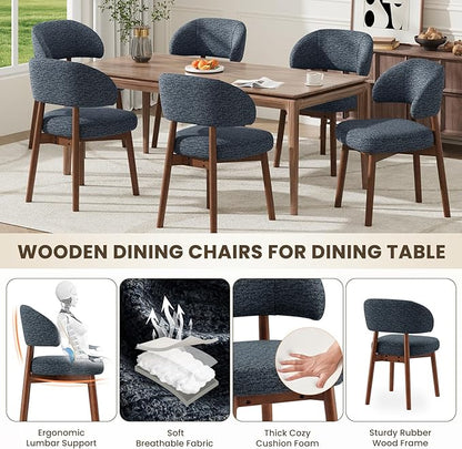 MALOL Wooden Dining Chairs Set of 4, Modern Upholstered Dining Room Chair, Fabric Kitchen Side Chairs with Curved Open Back for Living Room/Restaurant/Cafe, Dark Blue