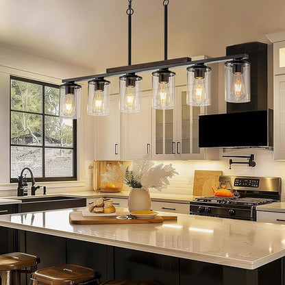 40.15'' Large Dining Room Chandelier Over Table, 6-Light Farmhouse Dining Room Light Fixture Kitchen Island Lighting, Wood Island Lights Black Farmhouse Chandeliers for Dining Room with Glass Shades