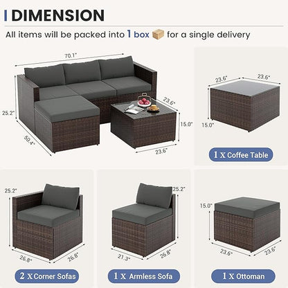UDPATIO 5 Piece Patio Furniture Set, All-Weather Wicker Outdoor Sectional Sofa,Rattan L Shaped Outdoor Conversation Patio Sectional with Ottoman, Glass Table for Balcony Porch Backyard,Grey