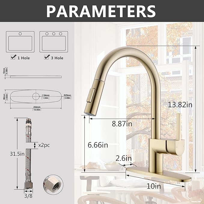 Gold Kitchen Faucet with Pull Down Sprayer - Modern Single Handle Pull Down Kitchen Sink Faucet with Deck Plate | Stainless Steel Brass Kitchen Faucet for 1 & 3 Hole Brushed Gold