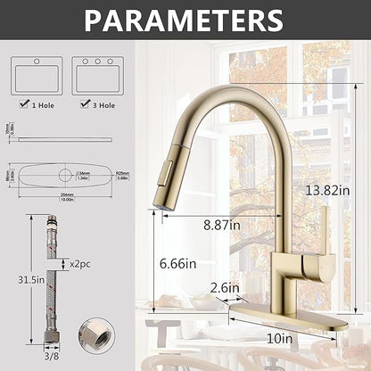 Gold Kitchen Faucet with Pull Down Sprayer - Modern Single Handle Pull Down Kitchen Sink Faucet with Deck Plate | Stainless Steel Brass Kitchen Faucet for 1 & 3 Hole Brushed Gold