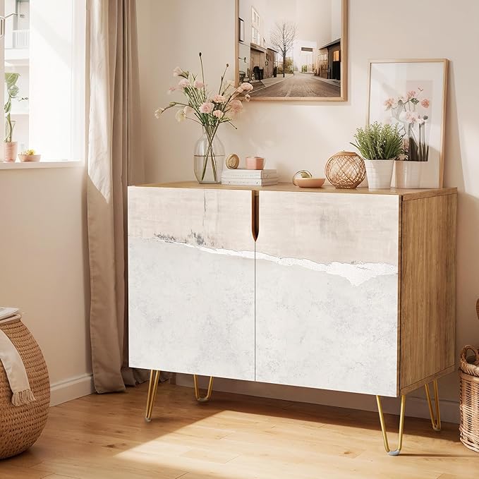 SIGNWIN Sideboard Buffet Cabinet, Kitchen Storage Cabinet with 2 Doors, Grunge Industrial Gray Landscape, Cupboard Console Table for Dining Room - 35" L x 18" W x 29" H